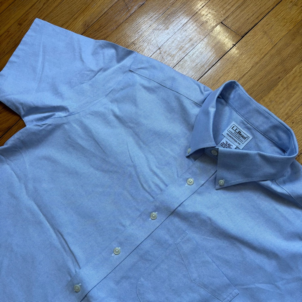 LL Bean Mens 18 Short Sleeve Pinpoint Blue Oxford Button Down Shirt Traditional